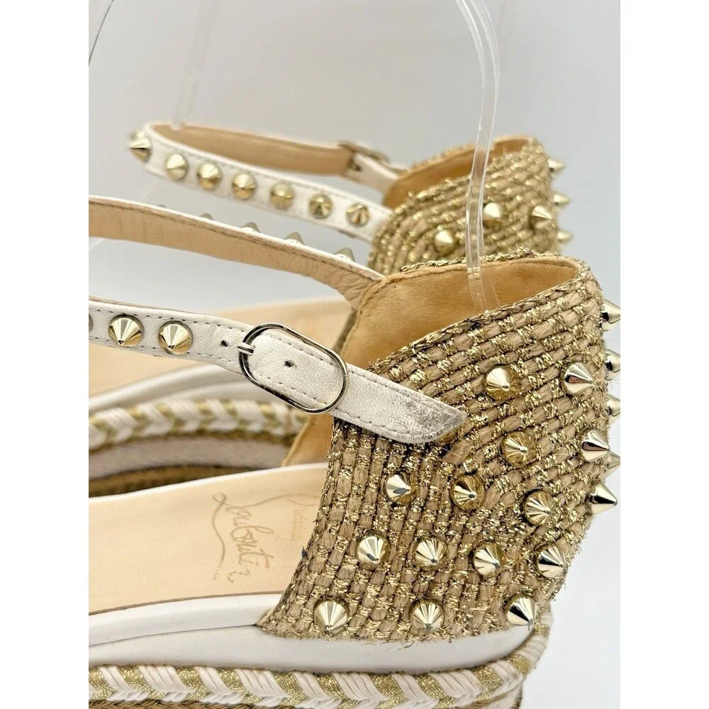 Christian Louboutin Madmonica 60 White Leather Gold Spike Wedge Espadrille EU 37